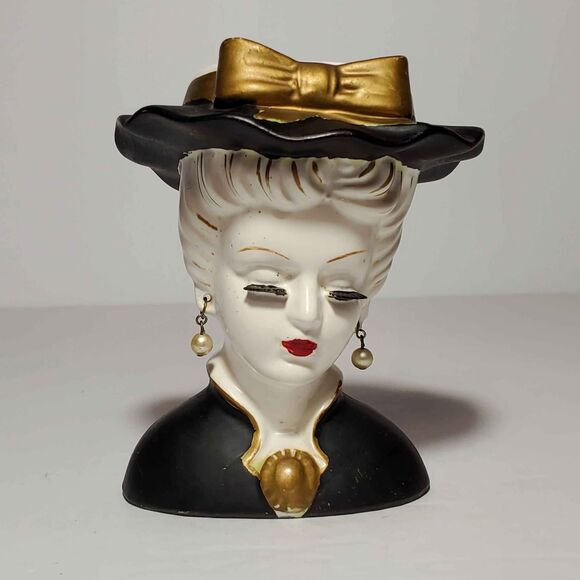 Lee Wards Lady Head Vase Glamour Girl Black 4.25" Vintage - Picture 1 of 10